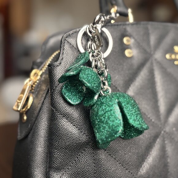 Coach Glitter Resin Tea Rose Bag Charm Keychain - Green - Picture 1 of 3
